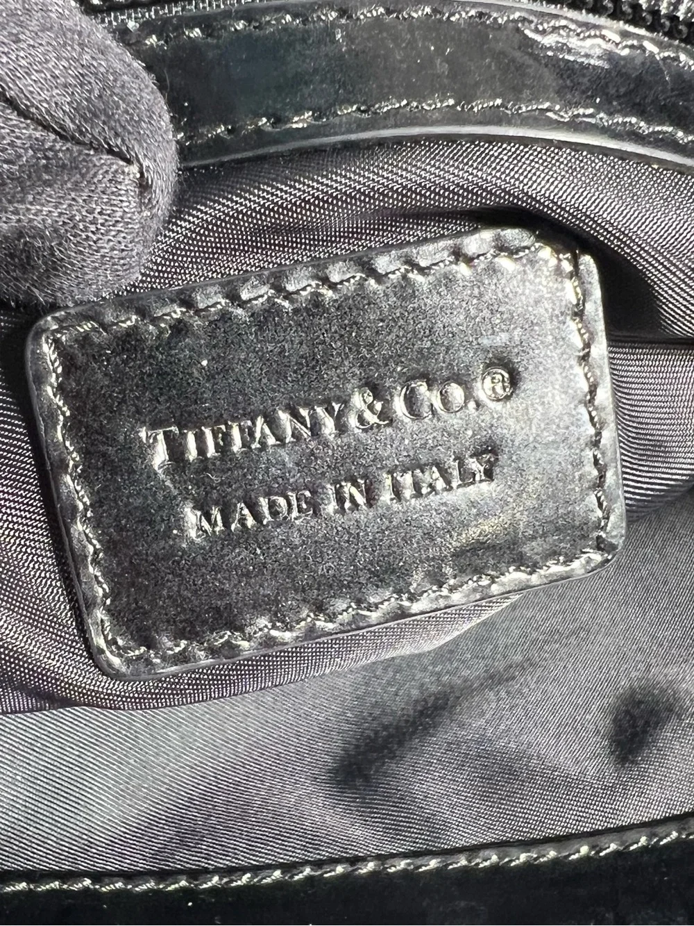 3105: Tiffany & Co. Black Jacquard Patent Leather Tote Shoulder Bag